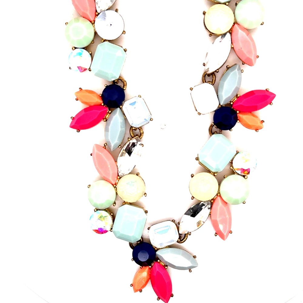 J.Crew Multi Color Crystal Statement Necklace Gold Tone Pastel Floral Cluster